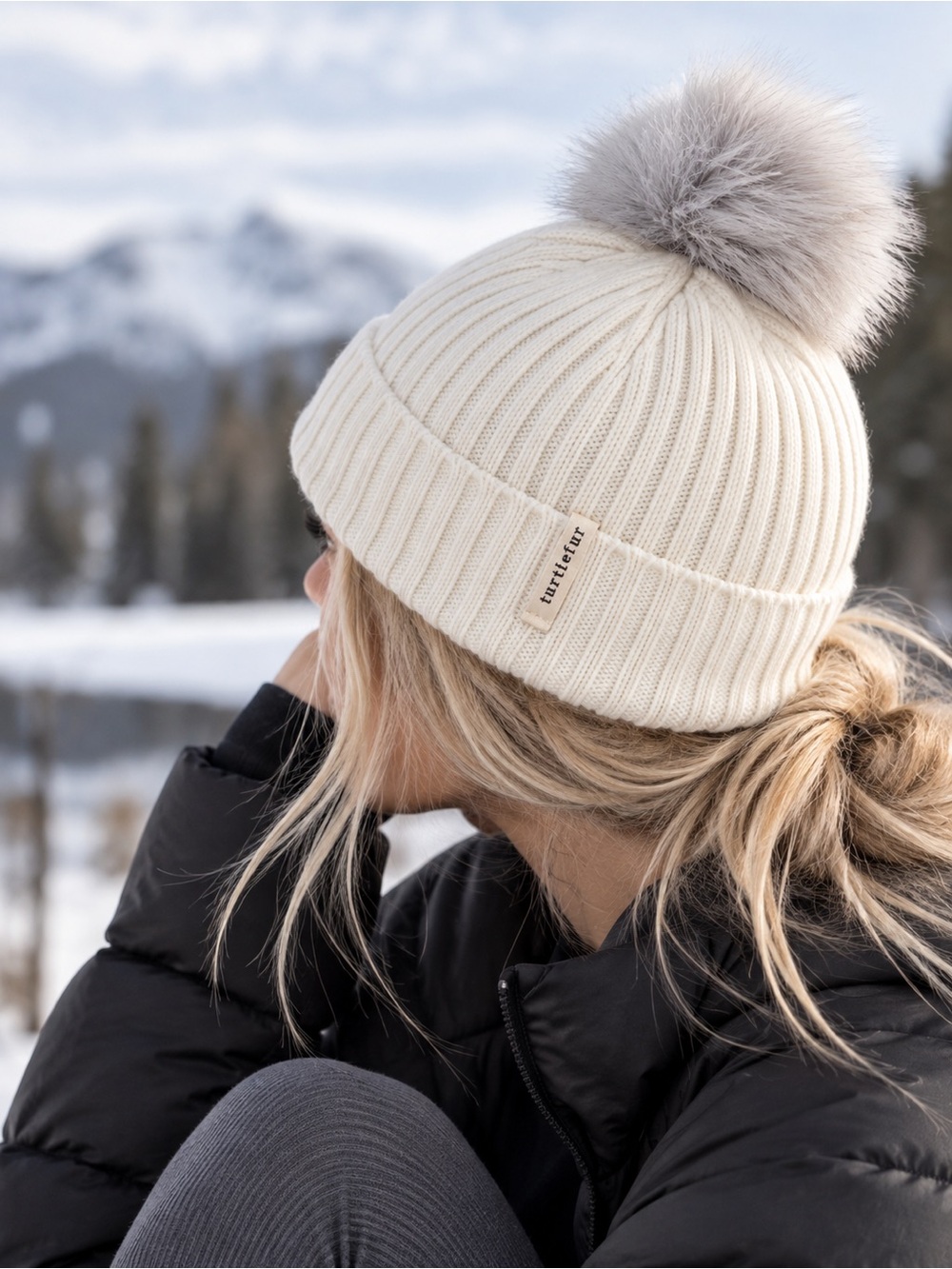 Turtle Fur Zarah Pom Beanie Ivory Wool Blend Fleece Lined Winter Hat